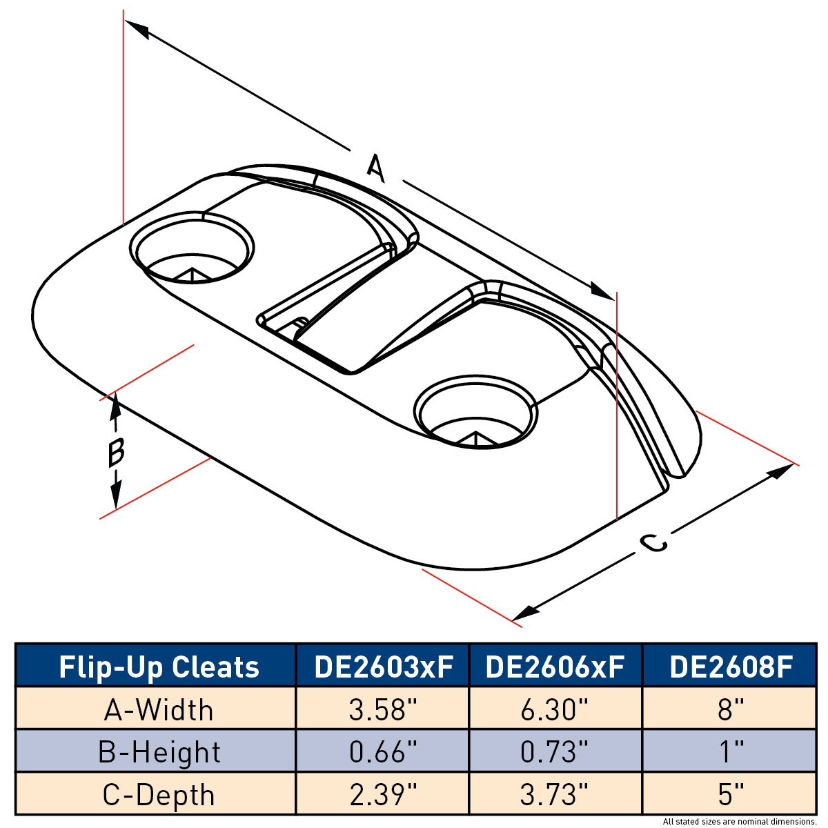 Flip-up Cleat technical drawing with dimensions